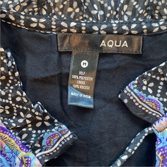 AQUA Multi Mixed Media Patterned Long Sleeves Tie Neck Button Top Medium - Picture 5 of 11